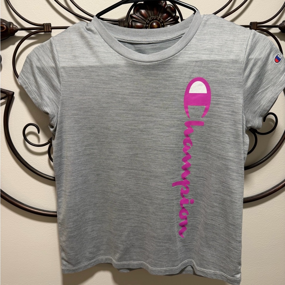 Champion Kids Heather Gray Tee with Vibrant Pink Logo